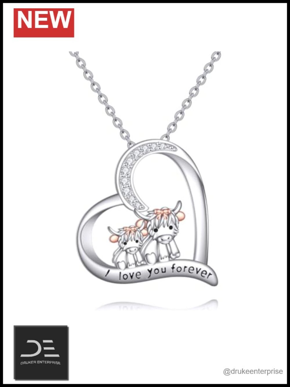 925 Sterling Silver Mother Daughter Highland Cow Heart Pendant Necklace for